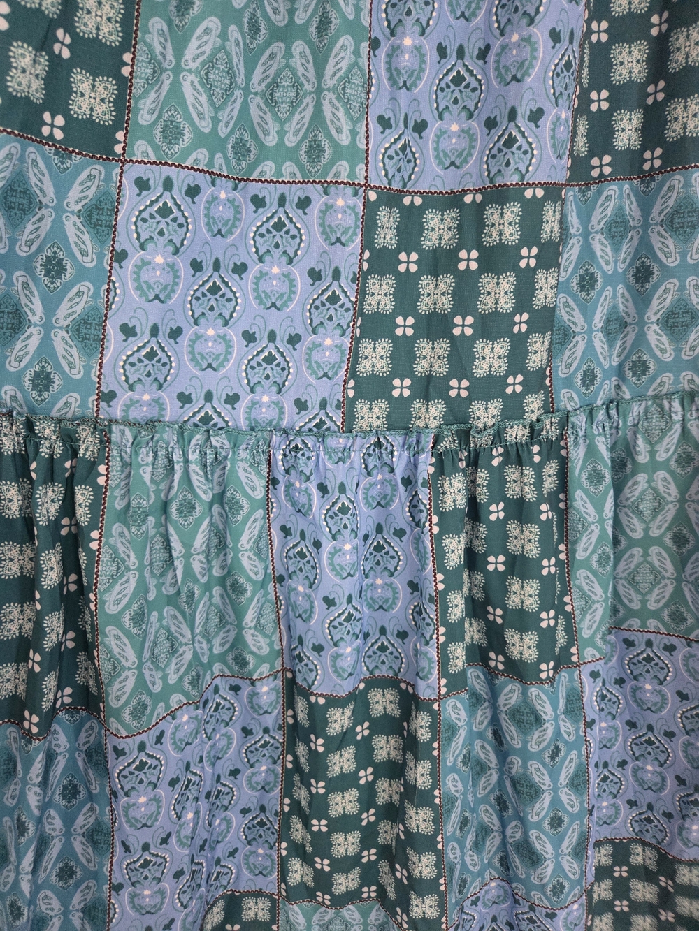Boho Blue/Green Patchwork Tiered Maxi Skirt XL Fits Like L - Picture 7 of 10